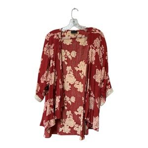 Boho Floral Kimono Cardigan Open Front Pockets Rust Red Bobeau